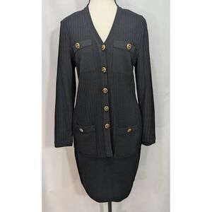 St John Basics Santana Knit Jacket Skirt Suit Gold Buttons Black Size 2 USA